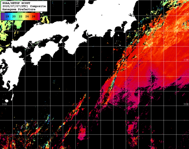 NOAA、MetOp 人工衛星画像 検索結果, 水温分布を図示