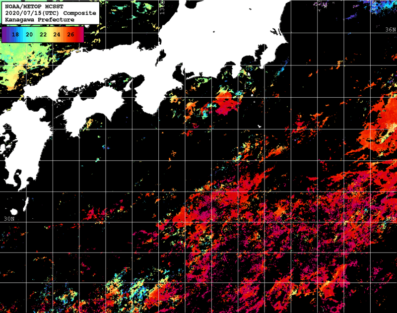 NOAA、MetOp 人工衛星画像 検索結果, 水温分布を図示