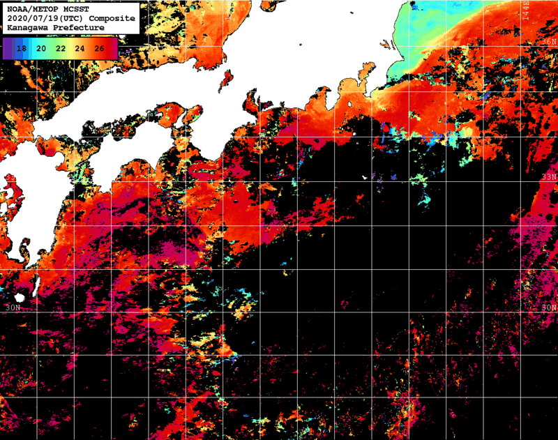 NOAA、MetOp 人工衛星画像 検索結果, 水温分布を図示