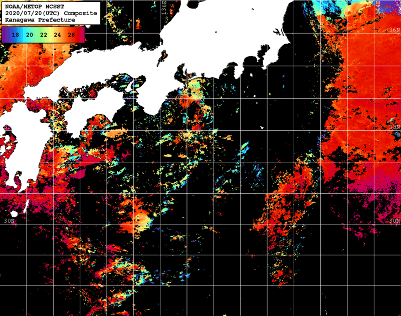 NOAA、MetOp 人工衛星画像 検索結果, 水温分布を図示