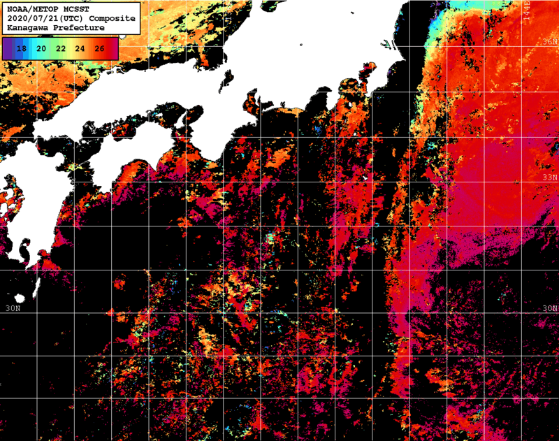 NOAA、MetOp 人工衛星画像 検索結果, 水温分布を図示