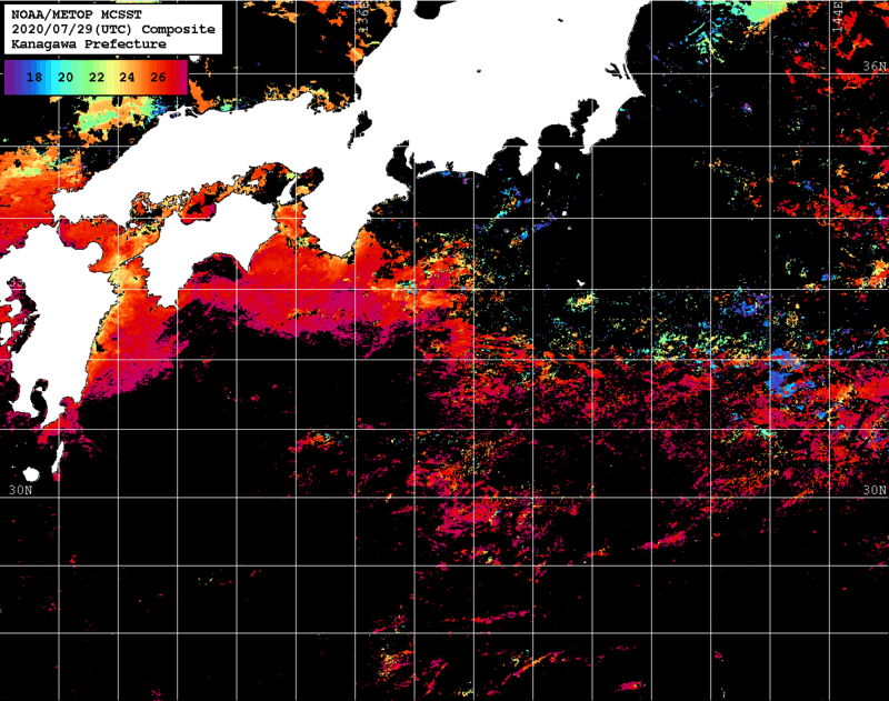 NOAA、MetOp 人工衛星画像 検索結果, 水温分布を図示