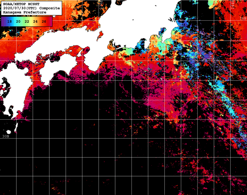 NOAA、MetOp 人工衛星画像 検索結果, 水温分布を図示