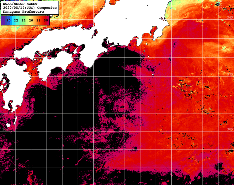NOAA、MetOp 人工衛星画像 検索結果, 水温分布を図示