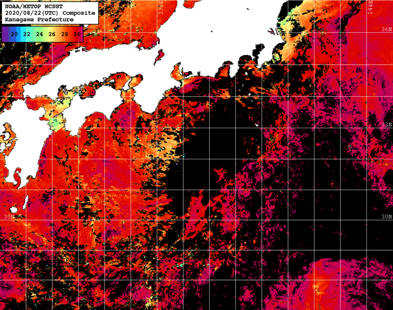 NOAA、MetOp 人工衛星画像 検索結果, 水温分布を図示