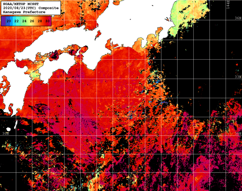 NOAA、MetOp 人工衛星画像 検索結果, 水温分布を図示