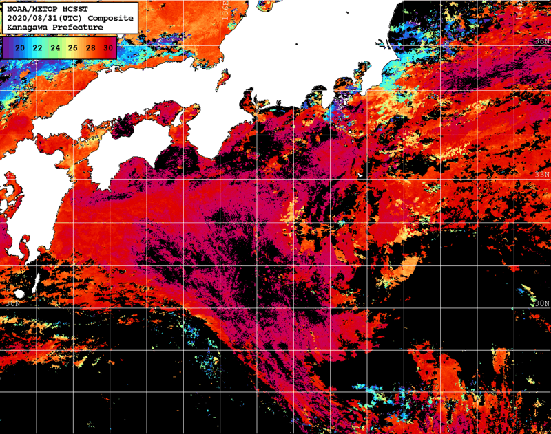 NOAA、MetOp 人工衛星画像 検索結果, 水温分布を図示