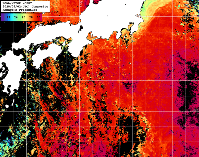 NOAA、MetOp 人工衛星画像 検索結果, 水温分布を図示