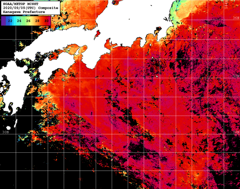 NOAA、MetOp 人工衛星画像 検索結果, 水温分布を図示
