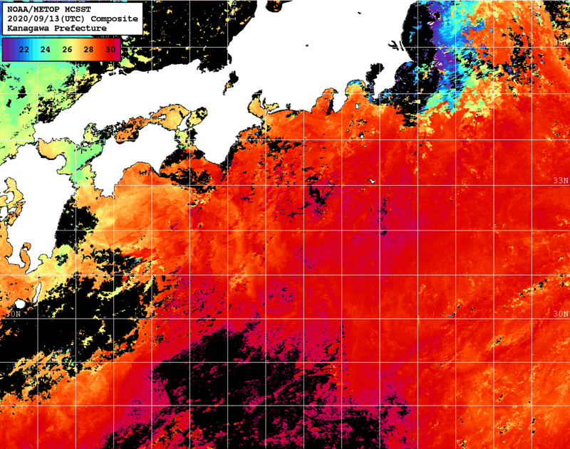 NOAA、MetOp 人工衛星画像 検索結果, 水温分布を図示