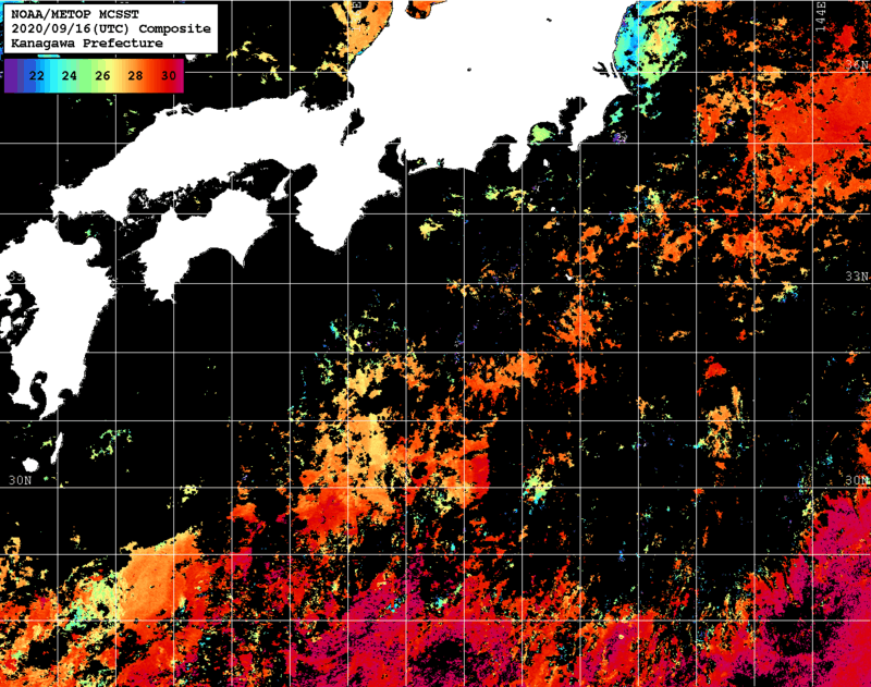 NOAA、MetOp 人工衛星画像 検索結果, 水温分布を図示