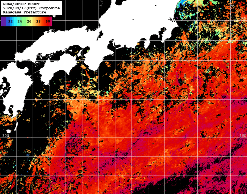 NOAA、MetOp 人工衛星画像 検索結果, 水温分布を図示