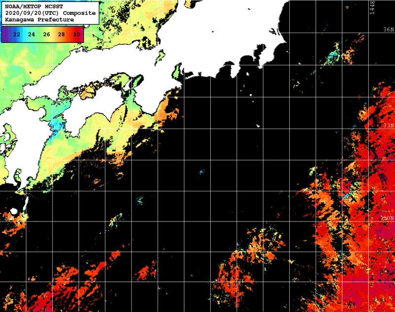NOAA、MetOp 人工衛星画像 検索結果, 水温分布を図示