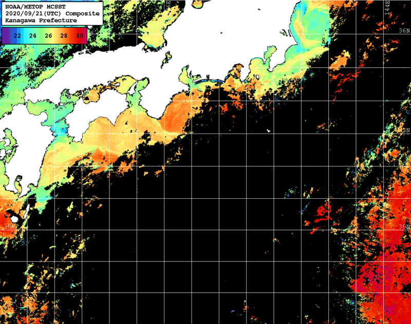 NOAA、MetOp 人工衛星画像 検索結果, 水温分布を図示