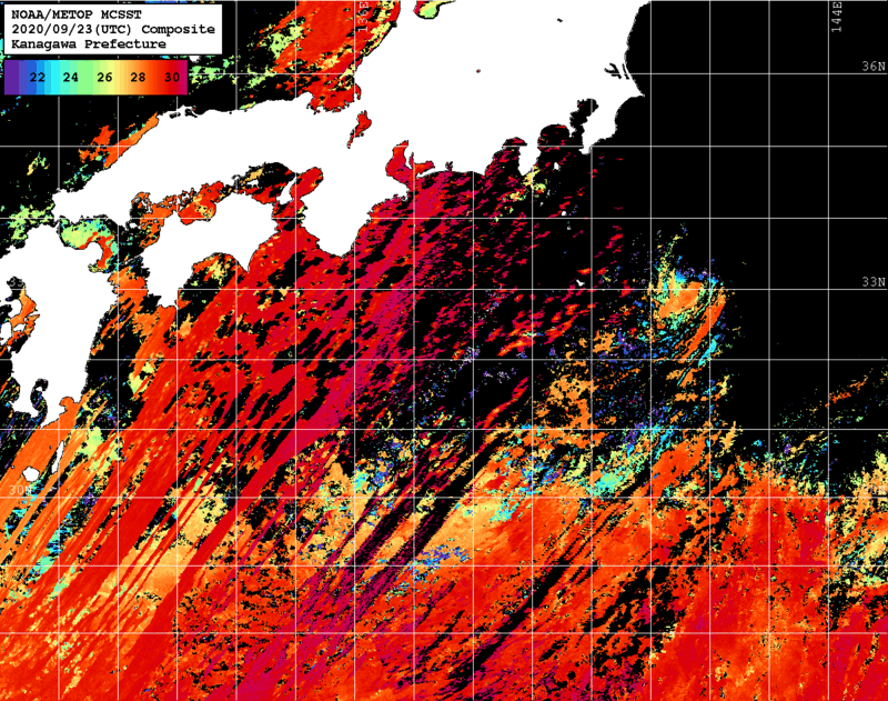 NOAA、MetOp 人工衛星画像 検索結果, 水温分布を図示