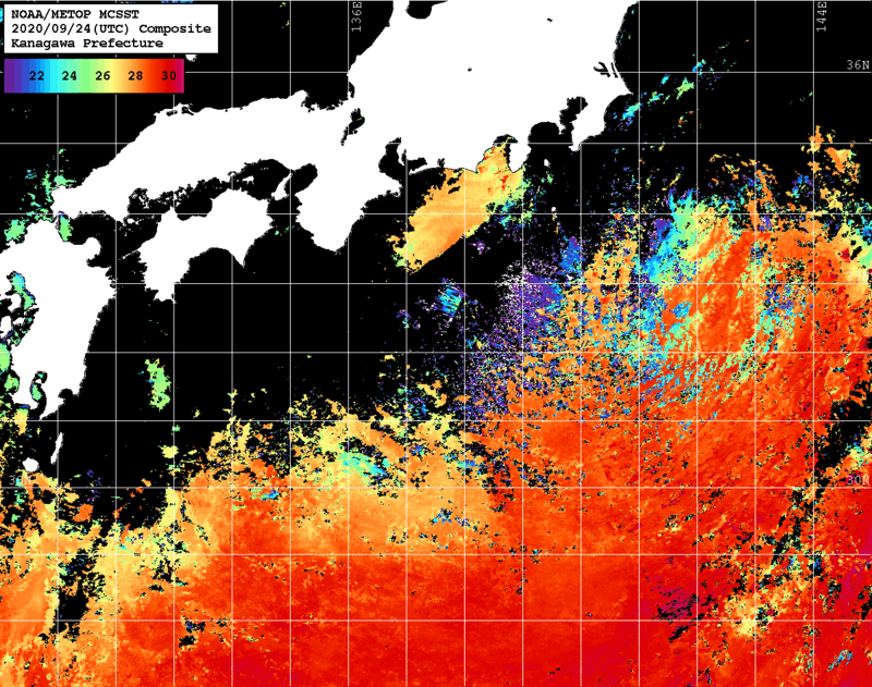 NOAA、MetOp 人工衛星画像 検索結果, 水温分布を図示