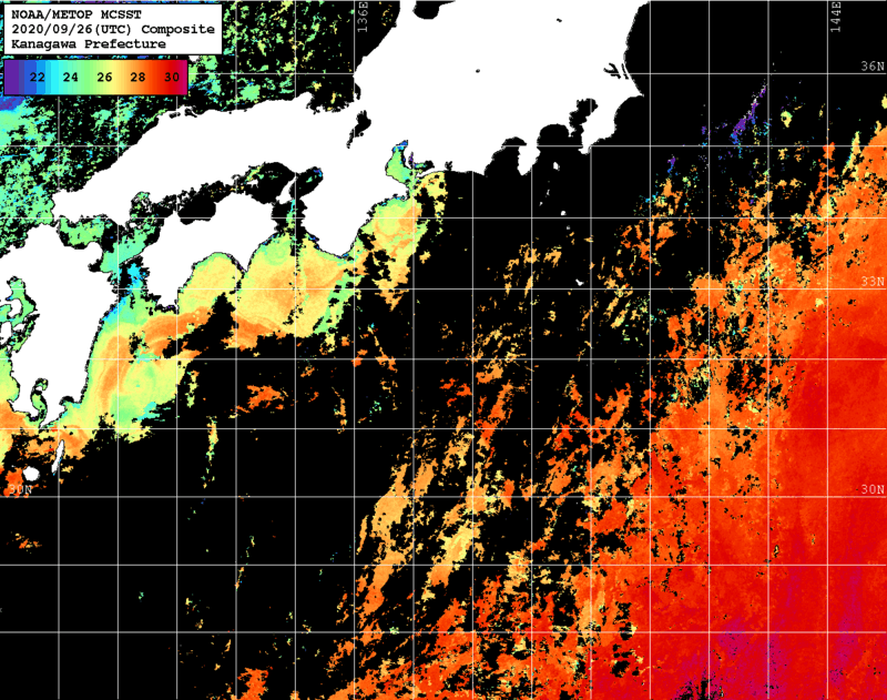 NOAA、MetOp 人工衛星画像 検索結果, 水温分布を図示