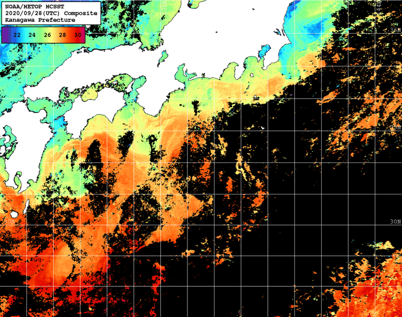 NOAA、MetOp 人工衛星画像 検索結果, 水温分布を図示