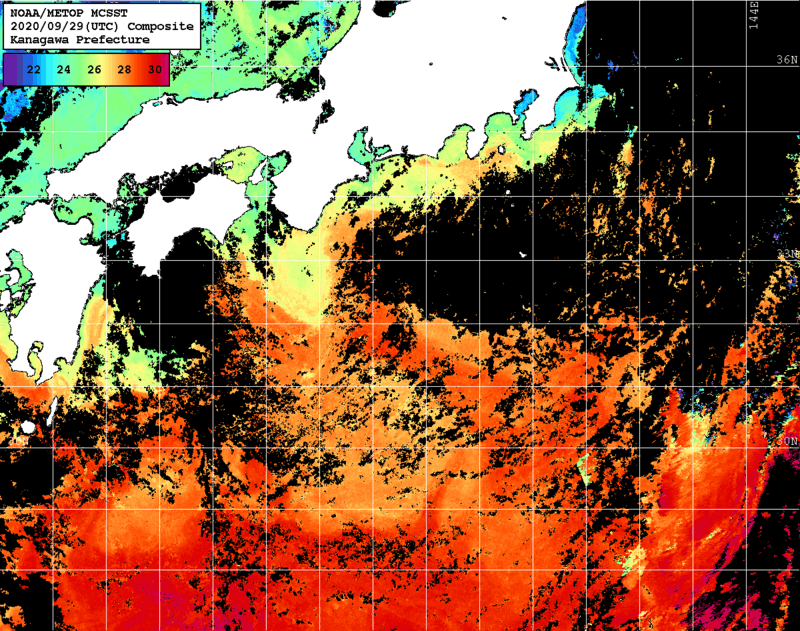 NOAA、MetOp 人工衛星画像 検索結果, 水温分布を図示