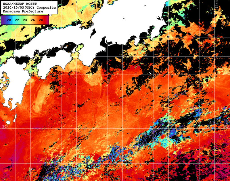 NOAA、MetOp 人工衛星画像 検索結果, 水温分布を図示