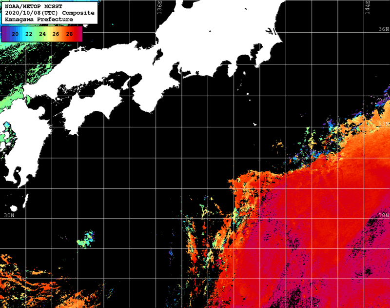NOAA、MetOp 人工衛星画像 検索結果, 水温分布を図示