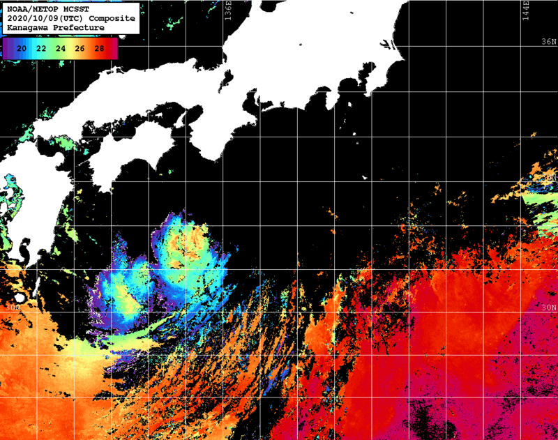 NOAA、MetOp 人工衛星画像 検索結果, 水温分布を図示