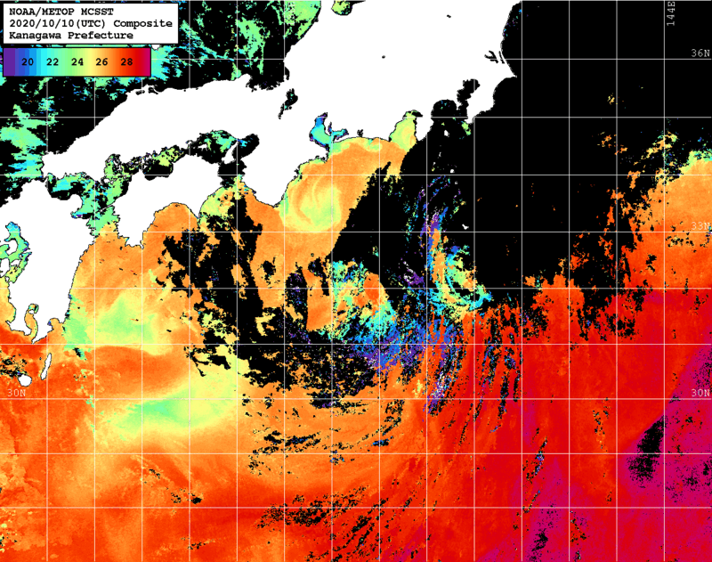 NOAA、MetOp 人工衛星画像 検索結果, 水温分布を図示