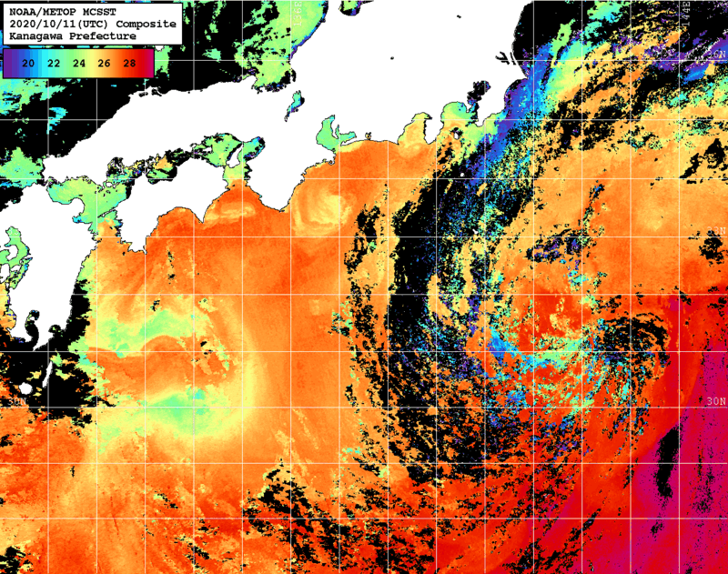 NOAA、MetOp 人工衛星画像 検索結果, 水温分布を図示
