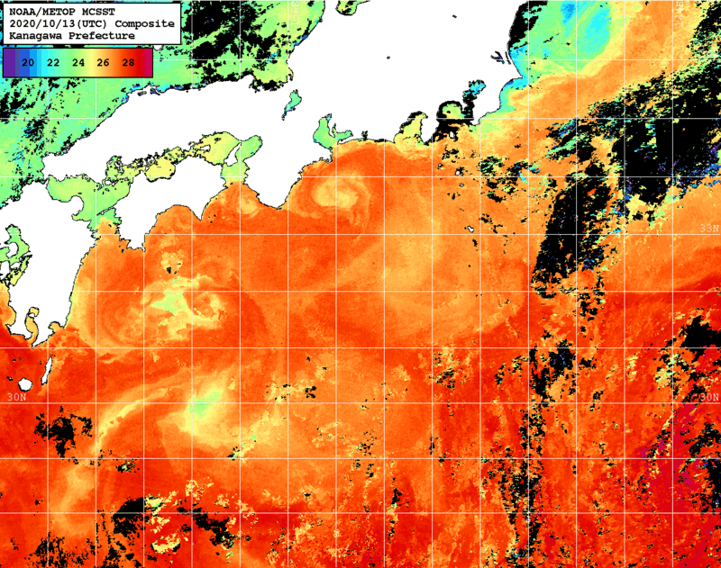 NOAA、MetOp 人工衛星画像 検索結果, 水温分布を図示