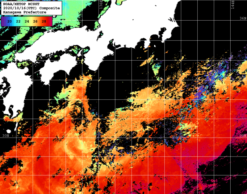 NOAA、MetOp 人工衛星画像 検索結果, 水温分布を図示