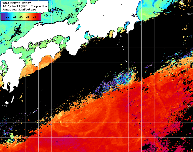 NOAA、MetOp 人工衛星画像 検索結果, 水温分布を図示