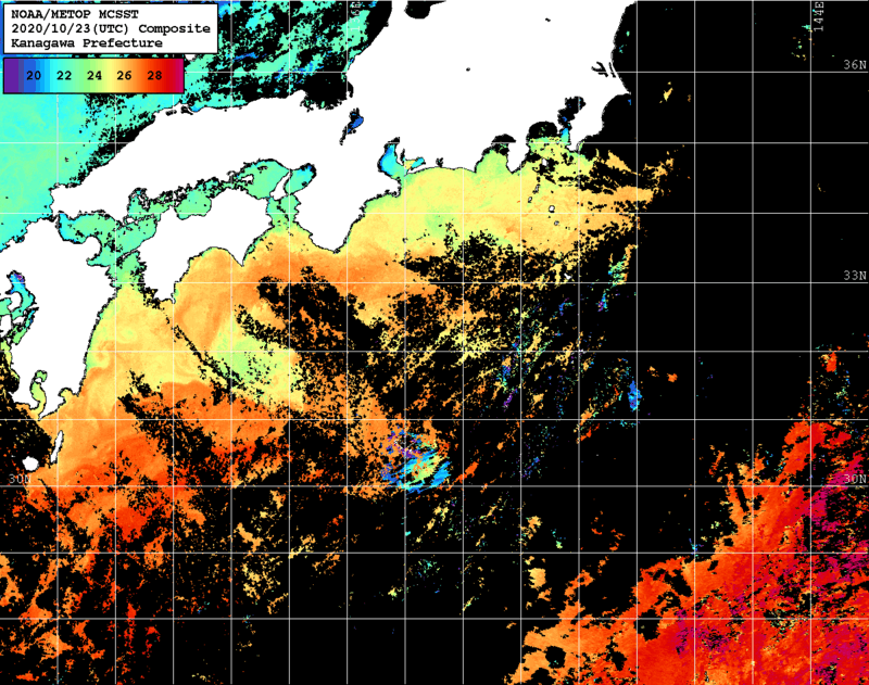 NOAA、MetOp 人工衛星画像 検索結果, 水温分布を図示