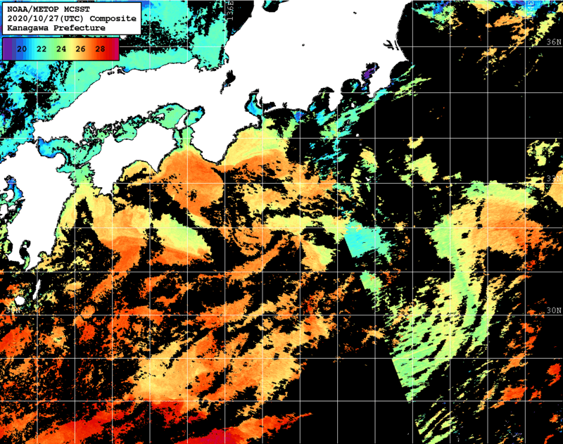 NOAA、MetOp 人工衛星画像 検索結果, 水温分布を図示