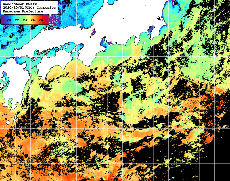 NOAA、MetOp 人工衛星画像 検索結果, 水温分布を図示