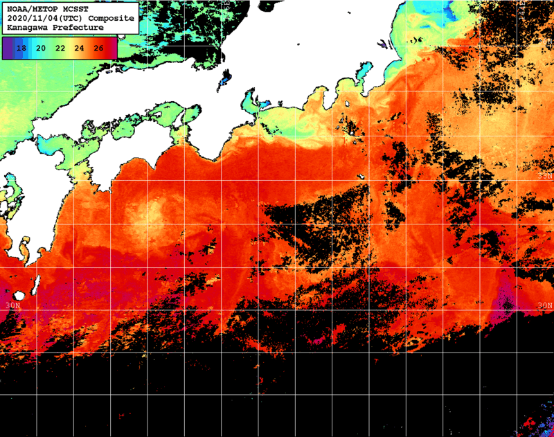 NOAA、MetOp 人工衛星画像 検索結果, 水温分布を図示