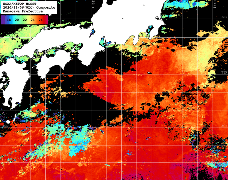 NOAA、MetOp 人工衛星画像 検索結果, 水温分布を図示