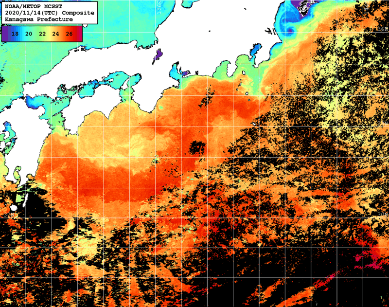 NOAA、MetOp 人工衛星画像 検索結果, 水温分布を図示