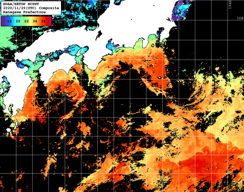 NOAA、MetOp 人工衛星画像 検索結果, 水温分布を図示