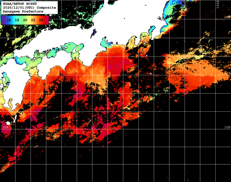 NOAA、MetOp 人工衛星画像 検索結果, 水温分布を図示
