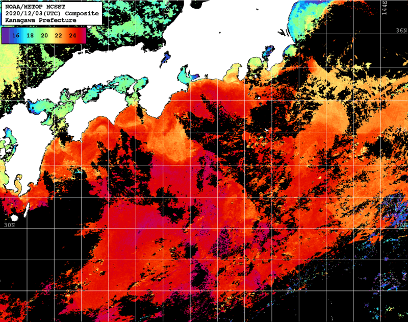 NOAA、MetOp 人工衛星画像 検索結果, 水温分布を図示