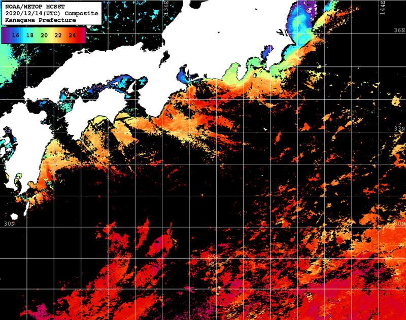 NOAA、MetOp 人工衛星画像 検索結果, 水温分布を図示