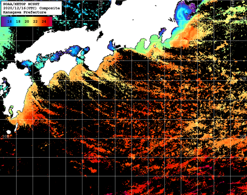NOAA、MetOp 人工衛星画像 検索結果, 水温分布を図示
