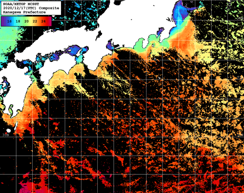 NOAA、MetOp 人工衛星画像 検索結果, 水温分布を図示