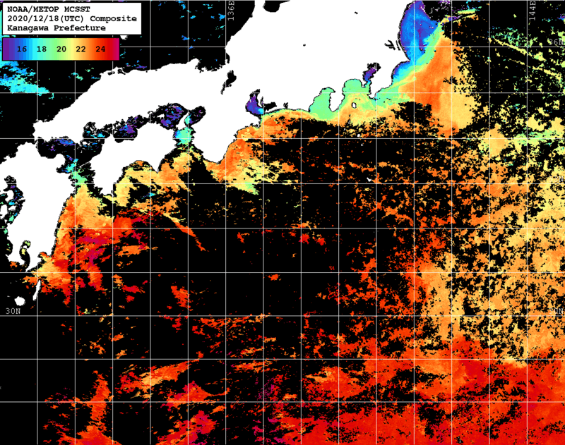 NOAA、MetOp 人工衛星画像 検索結果, 水温分布を図示