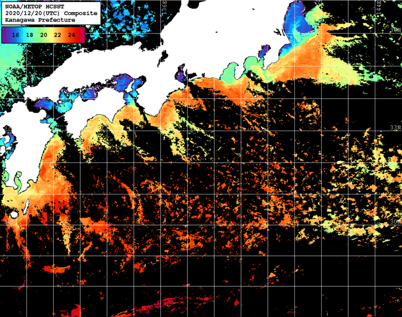 NOAA、MetOp 人工衛星画像 検索結果, 水温分布を図示