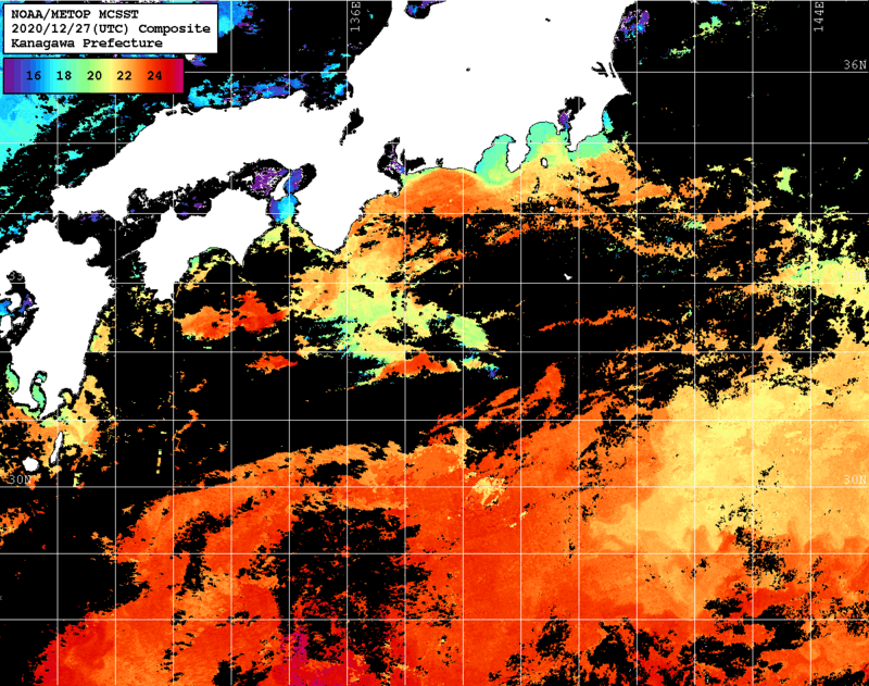 NOAA、MetOp 人工衛星画像 検索結果, 水温分布を図示