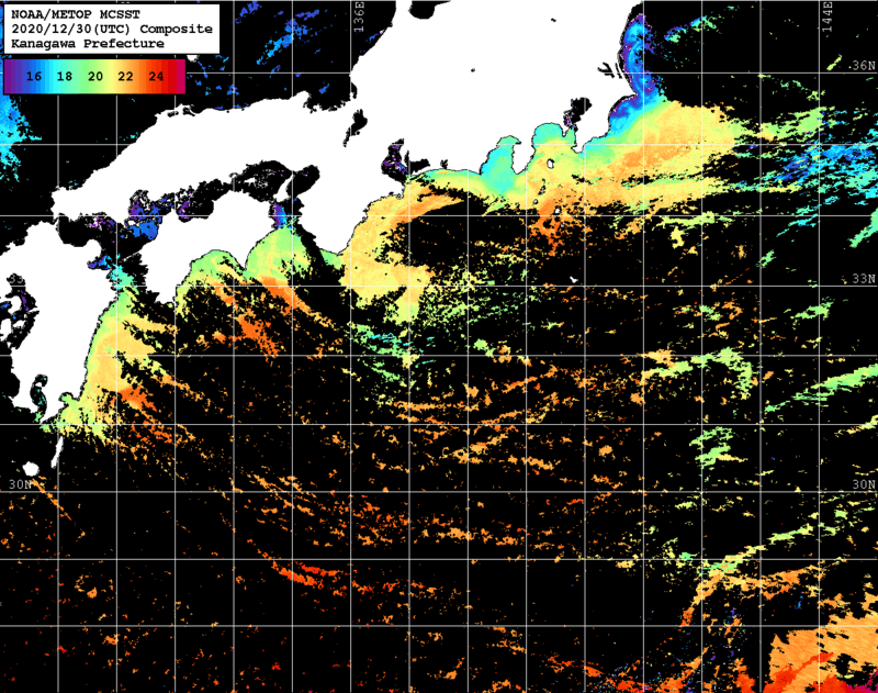 NOAA、MetOp 人工衛星画像 検索結果, 水温分布を図示