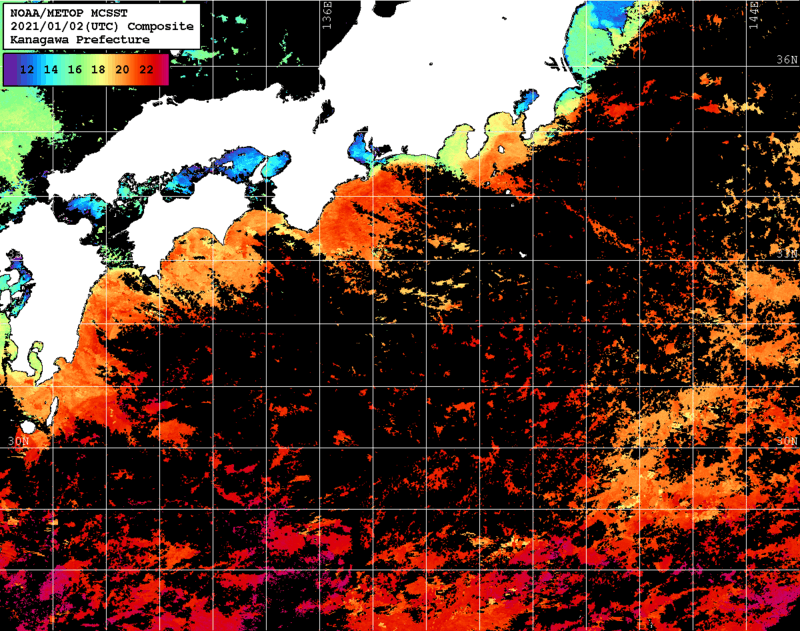 NOAA、MetOp 人工衛星画像 検索結果, 水温分布を図示