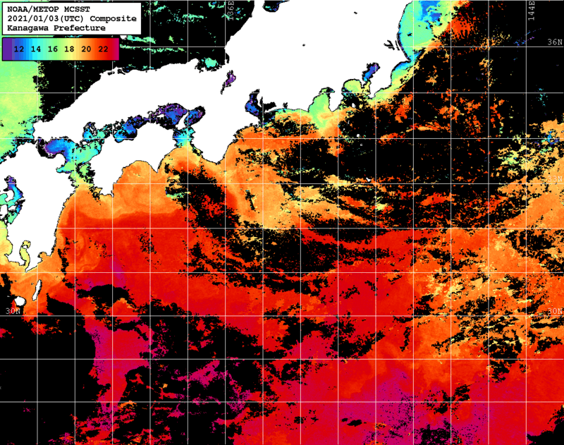 NOAA、MetOp 人工衛星画像 検索結果, 水温分布を図示
