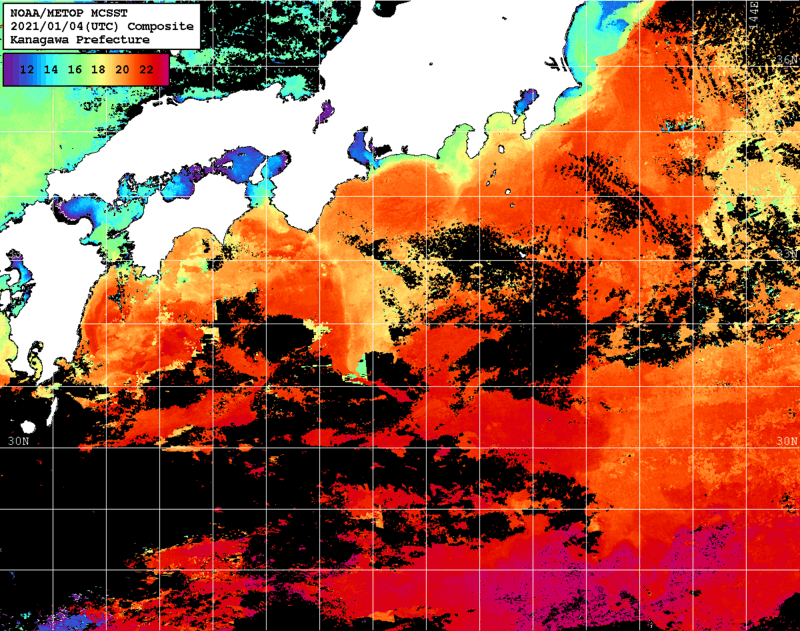NOAA、MetOp 人工衛星画像 検索結果, 水温分布を図示